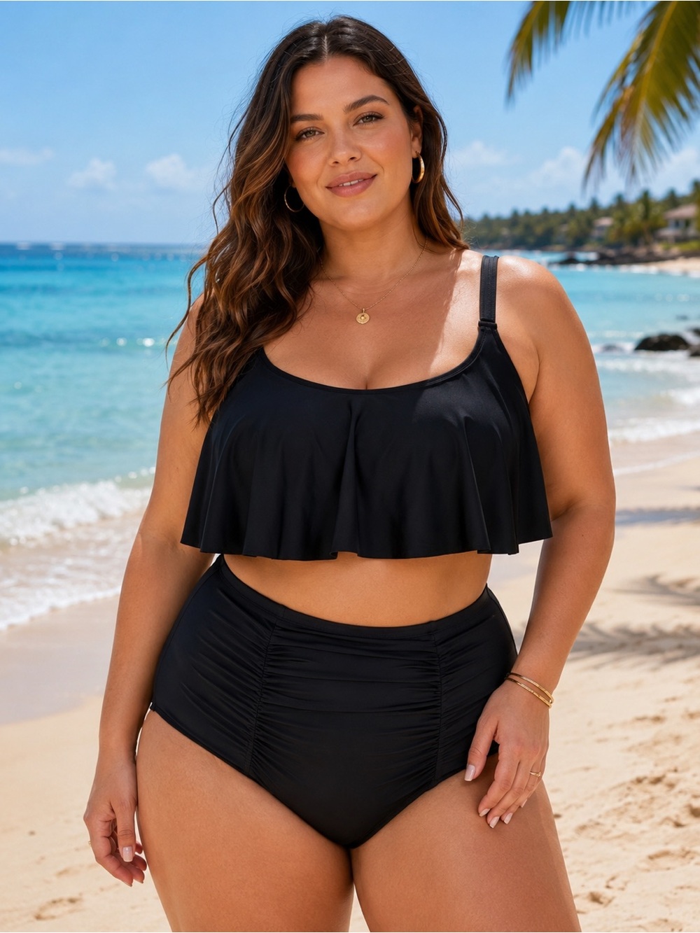 Torrid Black Flounce Bikini Set 3X High-Waisted Ruched Tummy Control Swimsuit